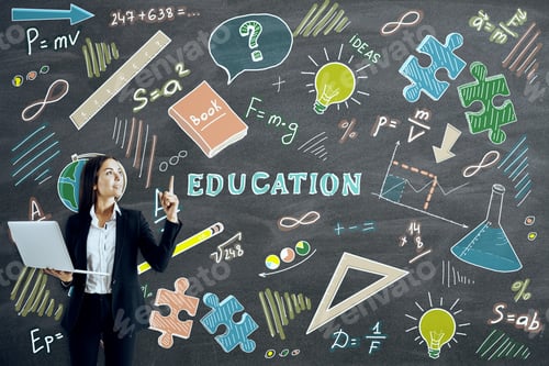 Preview: Attractive European Businessman With Laptop And Creative Education Sketch On Chalkboard Wall
