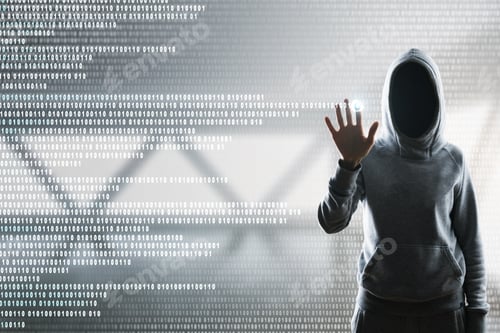 Preview: Hacker With Digital Business Interface On Blurry Interior Background. Hacking And Password Concept
