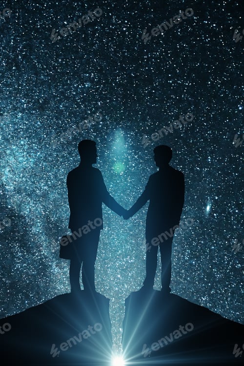 Preview: Side View Of Businessmen Silhouettes Shaking Hands On Open Space Background. Teamwork Concept
