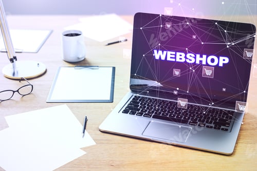 Preview: Close Up Of Office Desktop With Laptop, Creative Webshop Inscription On Screen, Coffee Cup And