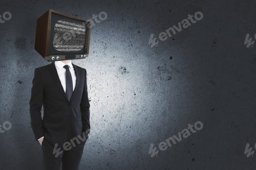 Preview: Tv Headed Businessperson Standing On Concrete Wall Background With Copy Space. Manipulation Concept