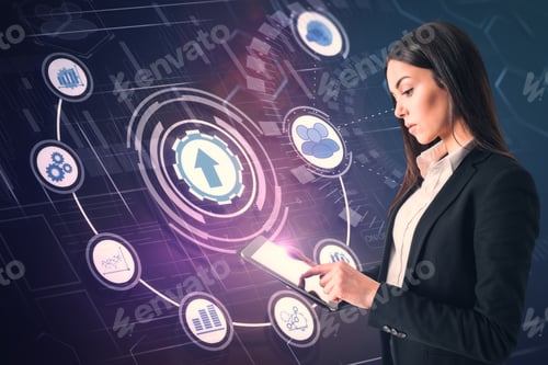 Preview: Side View Of Attractive Young Businesswoman Using Tablet On Blue Background With Abstract Business