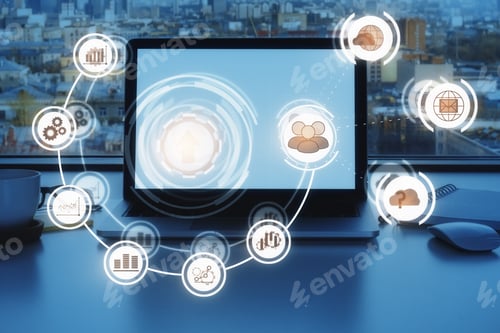 Preview: Close Up Of Office Desktop With Laptop, Coffee Cup, Supplies And Digital Business Hologram. City