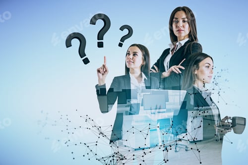 Preview: Attractive Young European Businesswomen With Polygonal Mesh, Devices And Question Marks On Blue