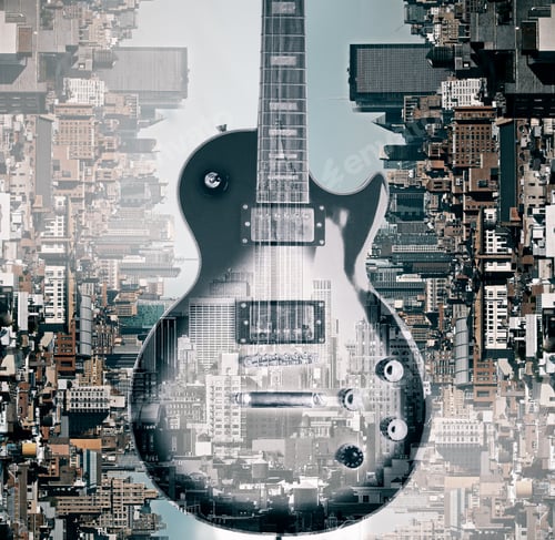 Preview: Abstract Image Of Guitar On Creative City Background. Double Exposure. Music Concept