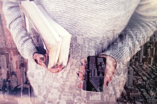 Preview: Close Up Of Woman'S Hands Holding Cellphone And Books On Abstract City Background. Technology And