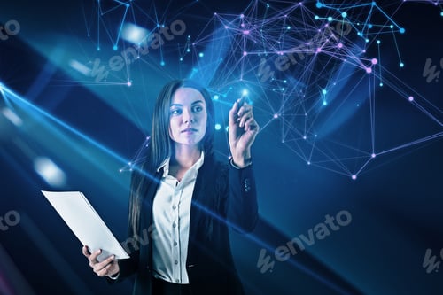 Aperçu: Portrait Of Attractive Young European Businesswoman With Document And Abstract Creative Polygonal