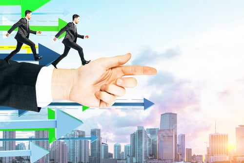 Preview: Businessmen Running On Pointing Hand With Arrows On Sky City Background. Direction And Success