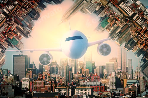 Preview: Front View Of Airplane On Abstract City Background. 3D Rendering