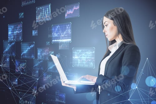 Preview: Trading Investing And Data Flow Concept With Businesswoman Using Laptop On Digital Wall Background