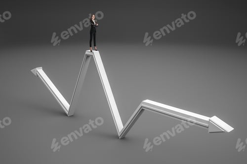 Preview: Businesswoman Standing On Abstract Gray Arrow On Gray Background. Growth, Leadership And Leader