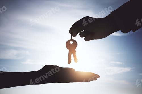 Preview: Close Up Of Male Handing Keys On Backlit Sky And Clouds Background. Housing, Property, Investment