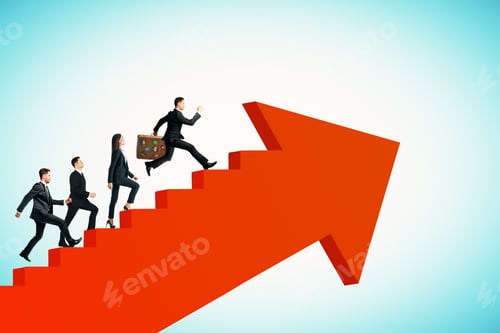 Preview: Young Businesspeople Running Up Abstract Green Arrow Ladder On Sky Background. Teamwork