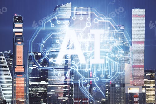 Preview: Creative City Background With Ai Brain Interface. Artificial Intelligence And Future Concept