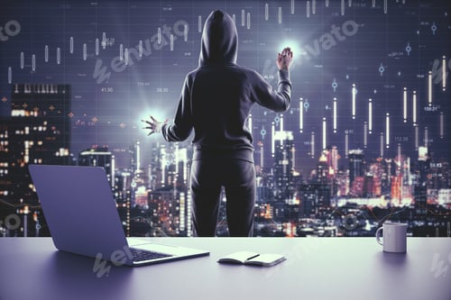 Preview: Back View Of Hacker In Modern Office With Laptop, Coffee Cup And Night City View Using Glowing
