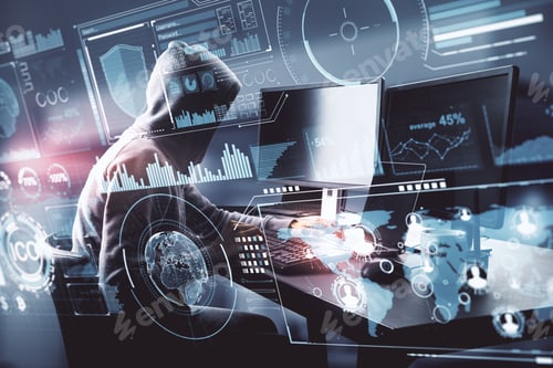 Preview: Hacker Using Computer With Digital Antivirus Interface. Protection Concept. Double Exposure