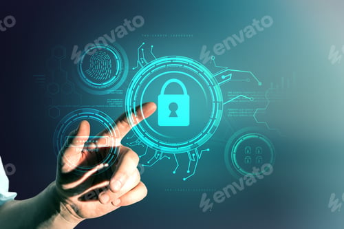 Preview: Male Hand Pointing At Creative Glowing Blue Digital Padlock Interface On Dark Background. Online