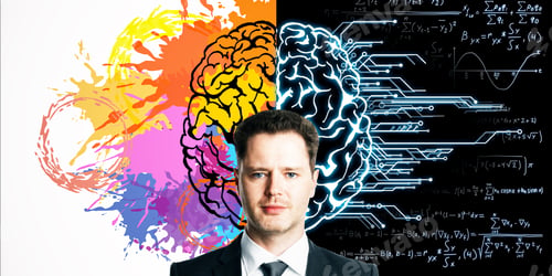 Preview: Portrait Of Attractive Young Businesswoman With Creative Brain Sketch, Mathematical Formulas And