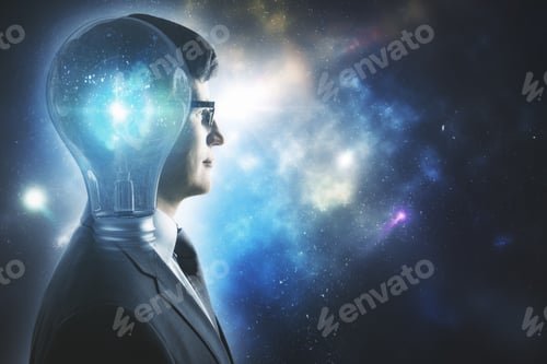 Preview: Side Portrait Of Abstract Lamp Headed Businessman In Space. Imagination Concept. Double Exposure