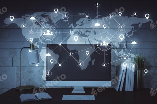 Preview: Remote Work And Social Media Network Hologram. Communication And Remote Work Concept. Multiexposure