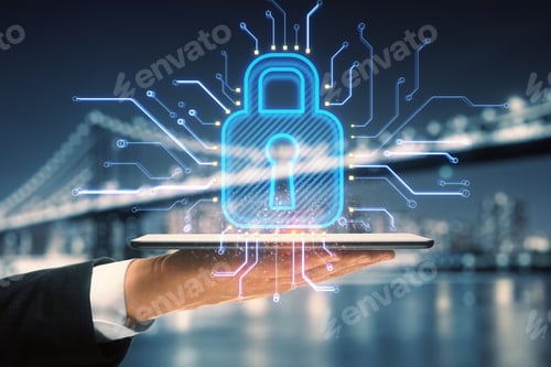 Preview: Close Up Of Businessman Hand Holding Tablet With Abstract Glowing Padlock Hologram On Blurry Night