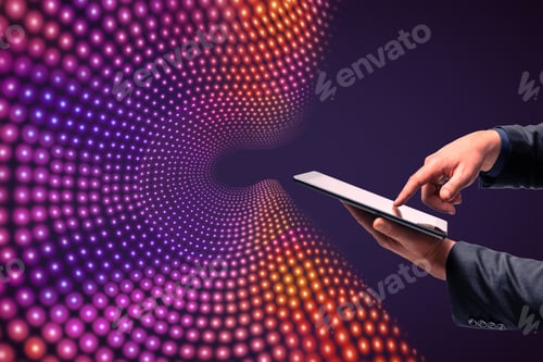 Preview: Close Up Of Businessman Hand Holding And Pointing At Smartphone On Creative Big Data Flow