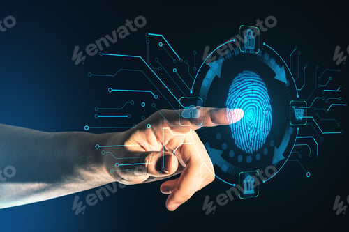 Preview: Close Up Of Businessman Hand Pointing At Creative Blue Fingerprint Scanning Interface On Dark