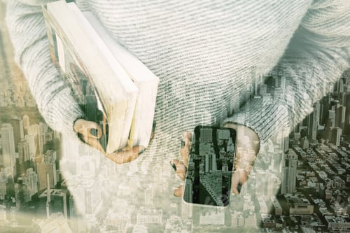 Preview: Close Up Of Woman'S Hands Holding Cellphone And Books On Abstract City Background. Leisure And