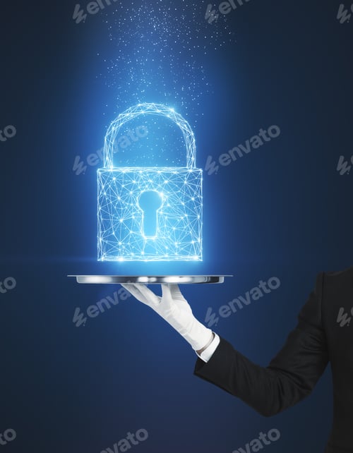 Preview: Hand Holding Creative Glowing Digital Padlock On Blue Background. Web Safety And Crime Concept.