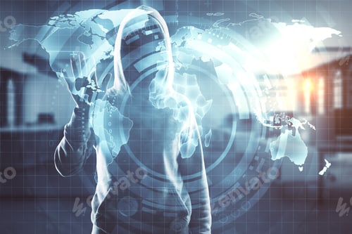 Preview: Hacker Touching Virtual Screen With Digital World Map On Blurry Office Interior Background. Web