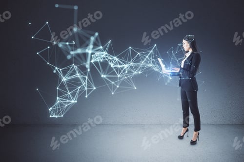 Preview: Attractive Young European Businesswoman With Laptop Using Abstract Polygonal Network Mesh Hologram