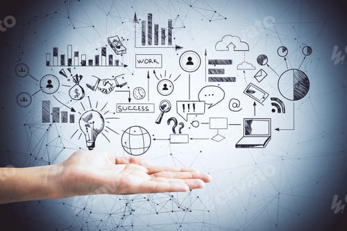 Preview: Businessman Hand Holding Drawing Comunication Plan With Stock Chart. Success And Technology Concept.