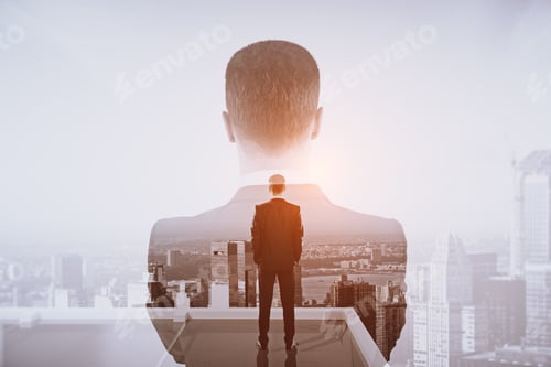 Preview: Back View Of Thoughtful Businessman On Rooftop. Double Exposure. Future Concept