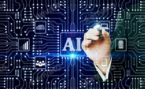 Preview: Businessman Hyand Using Glowing Ai Circuit Interface On Dark Background. Artificial Intelligence