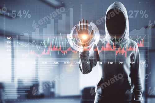 Preview: No Face Hacker Touching Digital Sensor Screne With Business Chart Graphs.