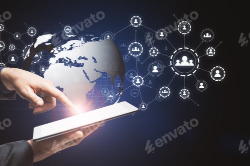 Preview: Hand With A Tablet Holding And Touching The Globe Icon With Muptiple Small Application Icons Near