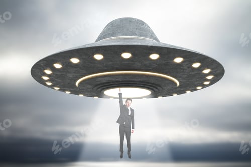Preview: Abstract Grey Ufo Taking Businessman In Dull Sky. Spaceship, Kidnapping And Science Concept