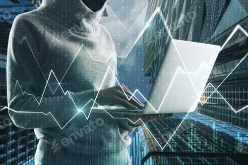 Preview: Malware And Trade Concept. Side View Of Hacker Using Laptop With Glowing Forex Chart On Blurry City