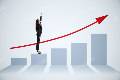 Preview: Attractive Young European Business Woman Standing On Blue Business Chart And Red Arrow. Finance