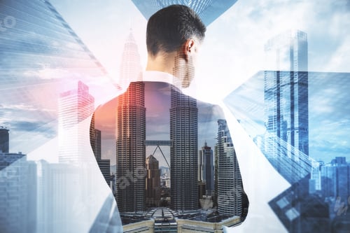 Preview: Back View Of Young Businessperson Standing On Abstract City Background With Mock Up Place. Success