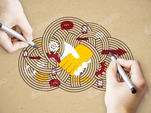 Preview: Abstract Hand Drawn Communication Cloud Drawing With Social Icons And Handshake On Subtle Paper