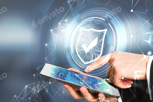 Preview: Side View Of Businessman Hand Pointing At Smartphone With Antivirus Interface. Cyberspace Safety