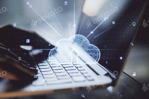Preview: Close Up Of Female Hands Using Laptop Keyboard With Abstract Glowing Cloud Hologram On Blurry