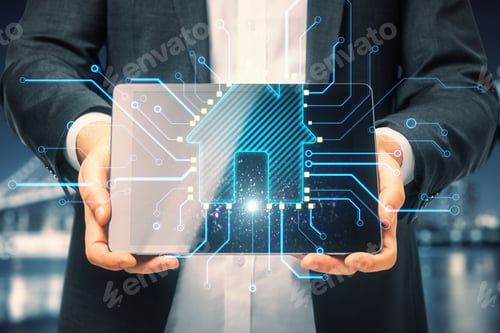 Preview: Close Up Of Businessman Hand Holding Tablet With Abstract Glowing House Chip Hologram On Blurry