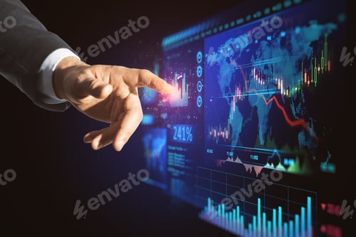 Preview: Close Up Of Businessman Hand Pointing At Creative Glowing Blue Business Forex Chart And Map