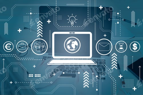 Preview: White Computer Icon, Dark Blue Background, Cup, Head, Book, Lightbulb Signs, Laptop On The Table In