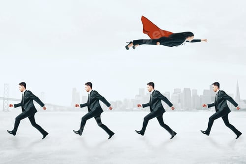 Preview: Businesswoman Flying Over Row Of Businessmen On City Background. Different Direction And Leadership