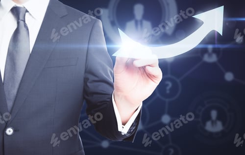 Preview: Businessman Drawing Bright Upward Arrow On Dark Background With Business Chart. Success Concept