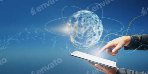 Preview: Close Up Of Businessman Hand Pointing At Smartphone With Abstract Metaverse Sphere On Blurry Blue