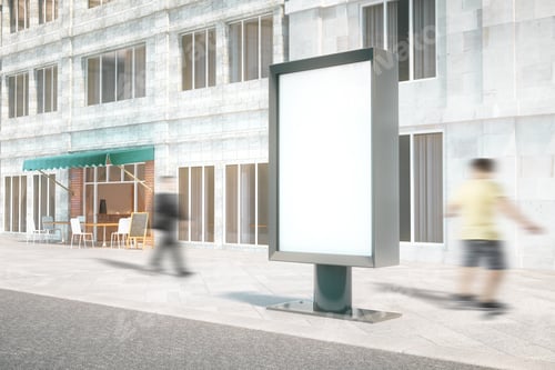 Preview: Blank Ad Banner With Concrete Building, Cafe And Blurry People In The Background, Mock Up, 3D Render
